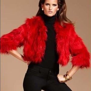 Red INC International Concepts Faux Fur Crop Length Jacket Coat Medium Christmas